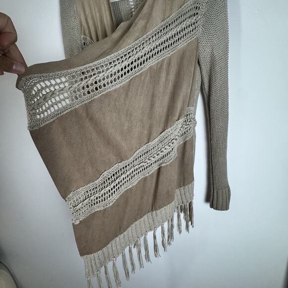 INC Fringe Cardigan Sweater Women’s LARGE Tan Beige Open Knit Boho Western - Picture 4 of 8